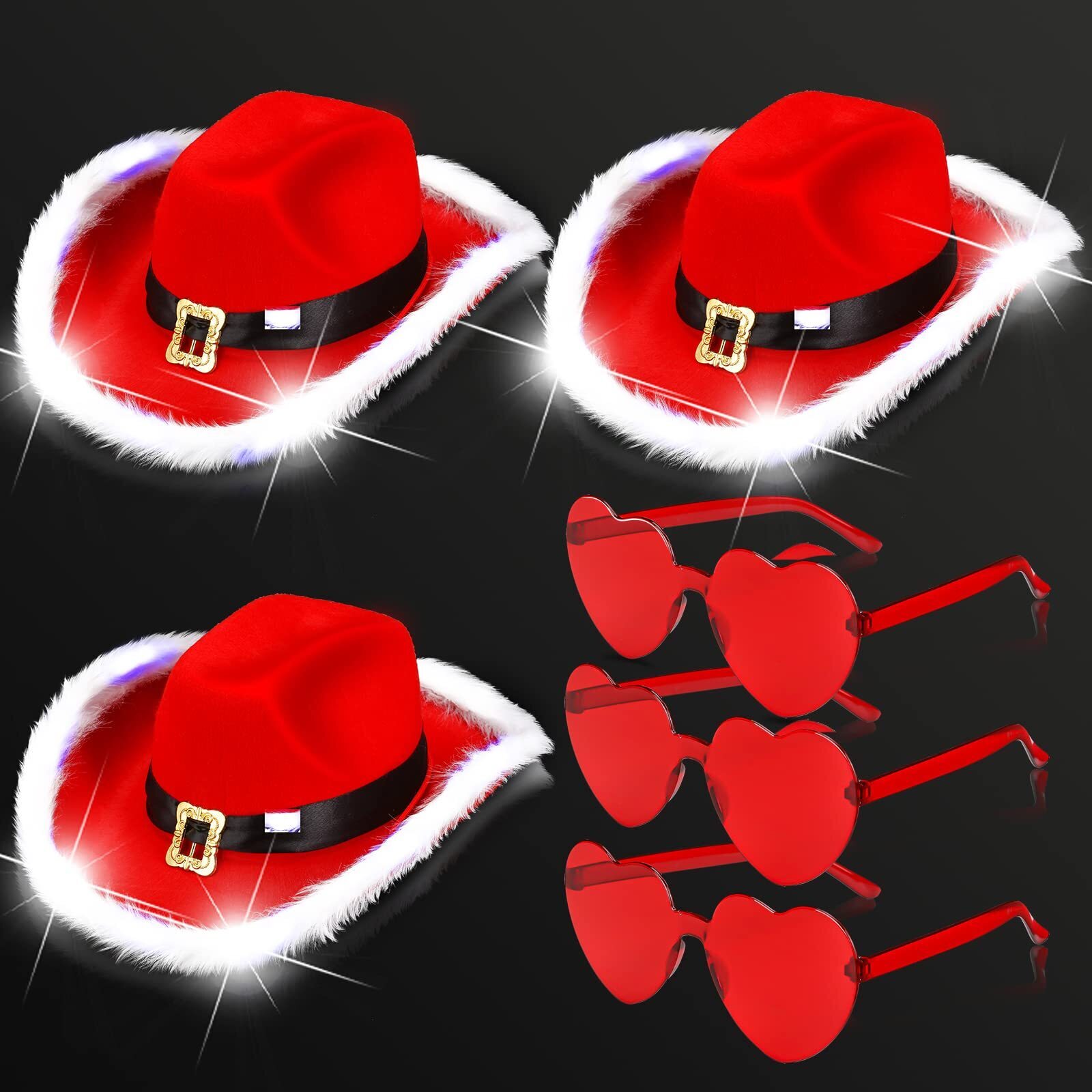 7515 3 Packs Light Up Christmas Santa Claus Hat With Sunglasses For Women Led